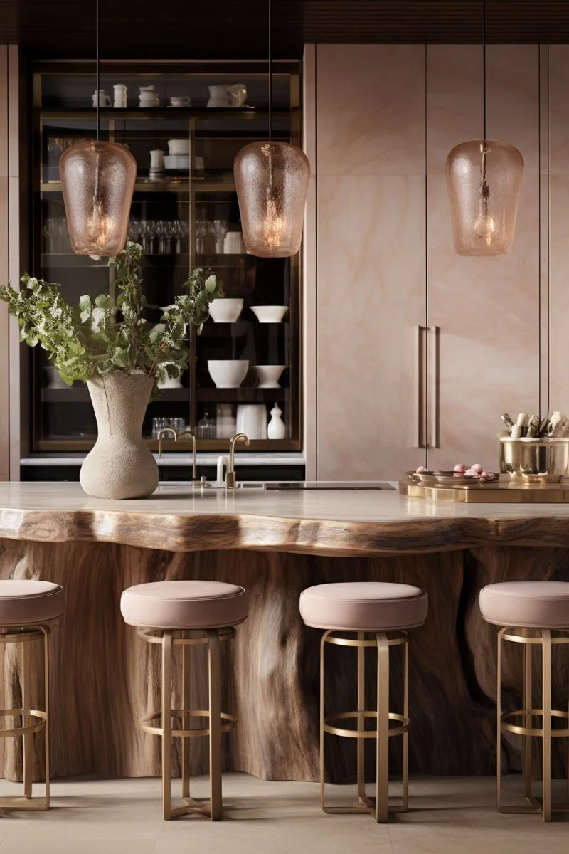 2024 kitchen design trends - biophillic design - kitchen island made of natural wood and cabinets cladded in pink marble - source pinterest