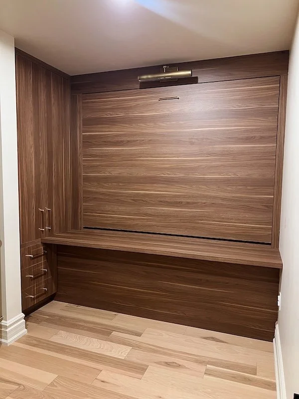 Toronto Victorian home - home renovations - basement renovation - finished basement - Toronto Blogger - office cabinetry with murphy bed in wall - murphy bed with desk