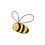 Drawing of a cartoon bee with a yellow and black striped body, gray wings, and a smiling face.