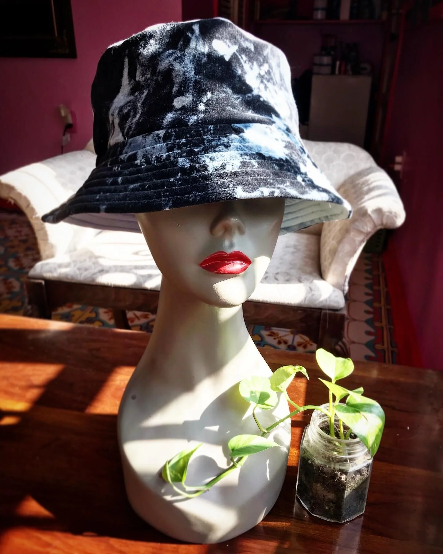 Upcycled Blue Spash Dyed Velvet Bucket Hat