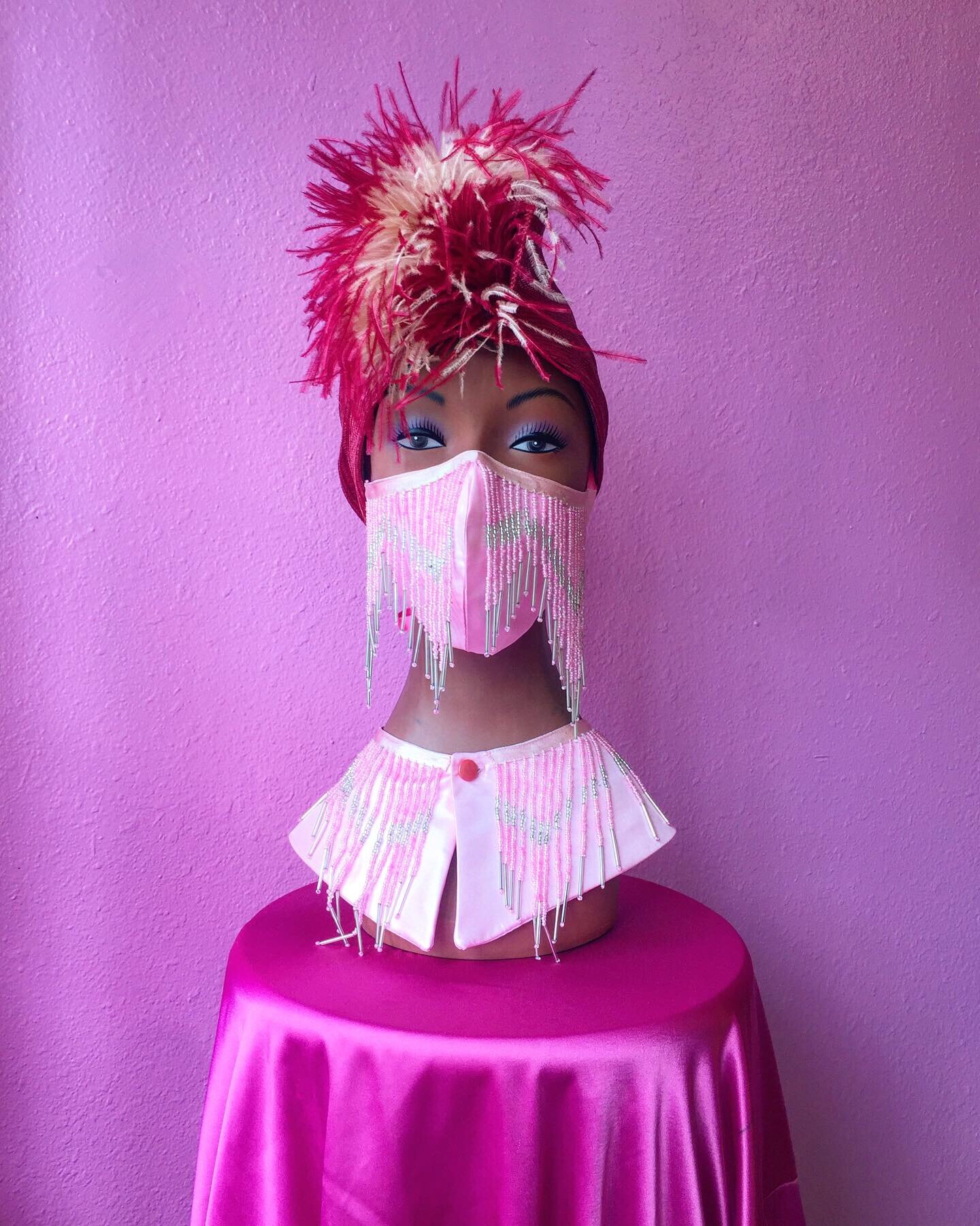 Baby Pink Beaded Fringe Mask & Collar Set