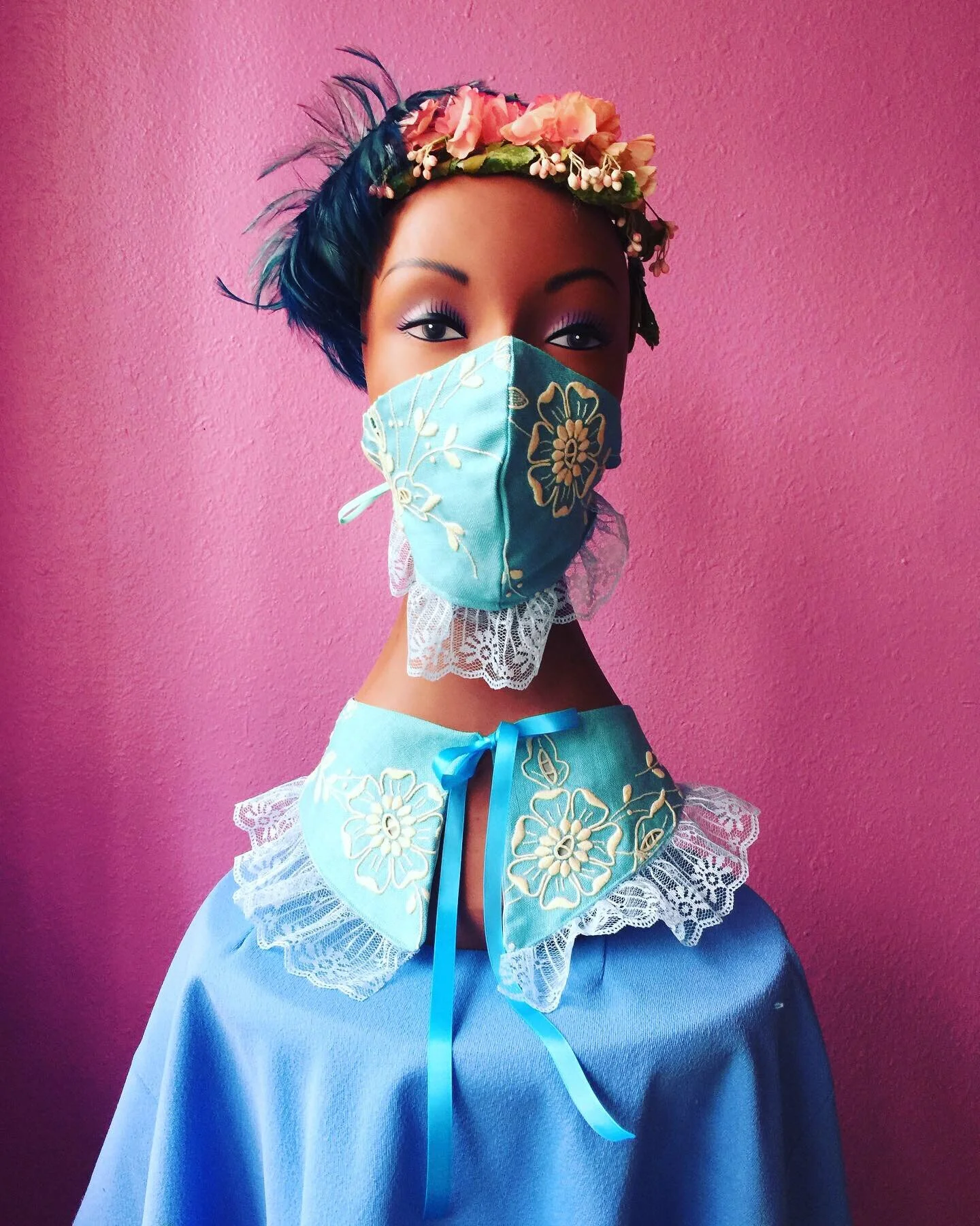 Upcycled Blue Linen & Lace Embroidered Mask & Collar Set