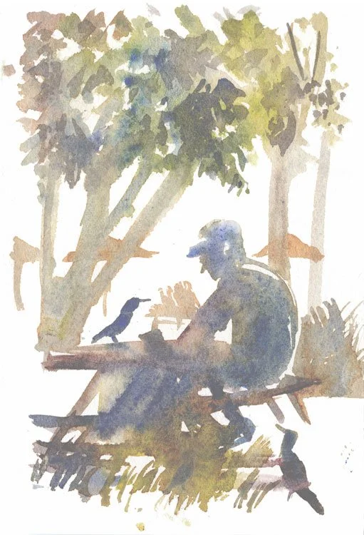 watercolor painting of birds in a park looking at a man