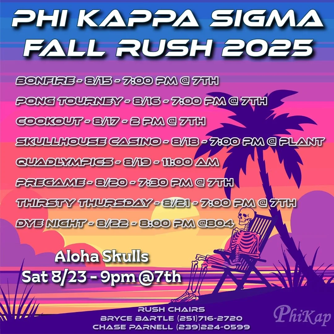 Interested in rushing? Reach out to our rush chairs for more information. Events are subject to change. #rushphikap 

Addresses:

7th: 1422 7th Street 

Plantation: 815 17th Ave 

804 12th Street