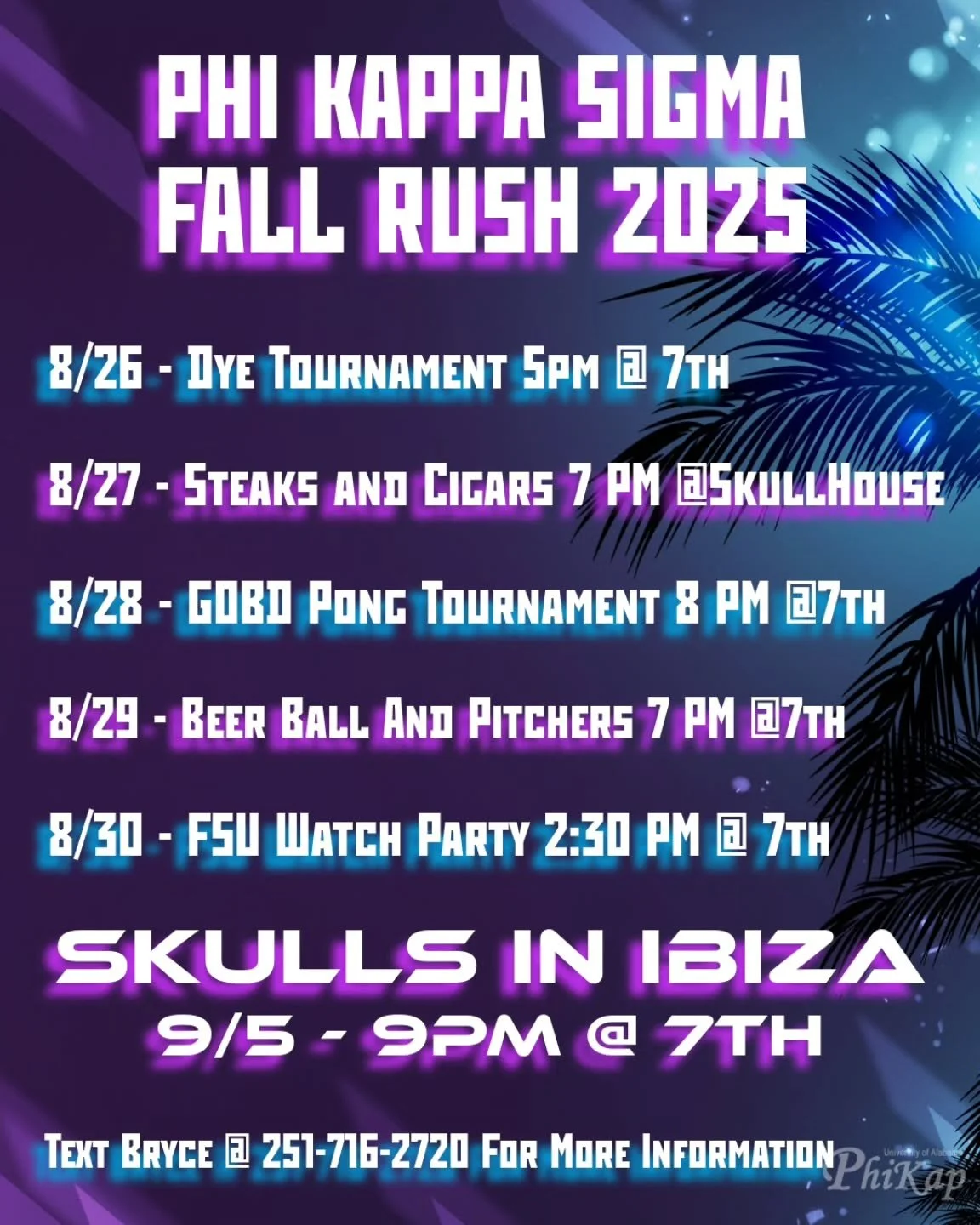 Interested in rushing? Reach out to our rush chairs for more information. Events are subject to change. #rushphikap

Addresses:

7th: 1422 7th Street 

Skull House: 815 17th Ave