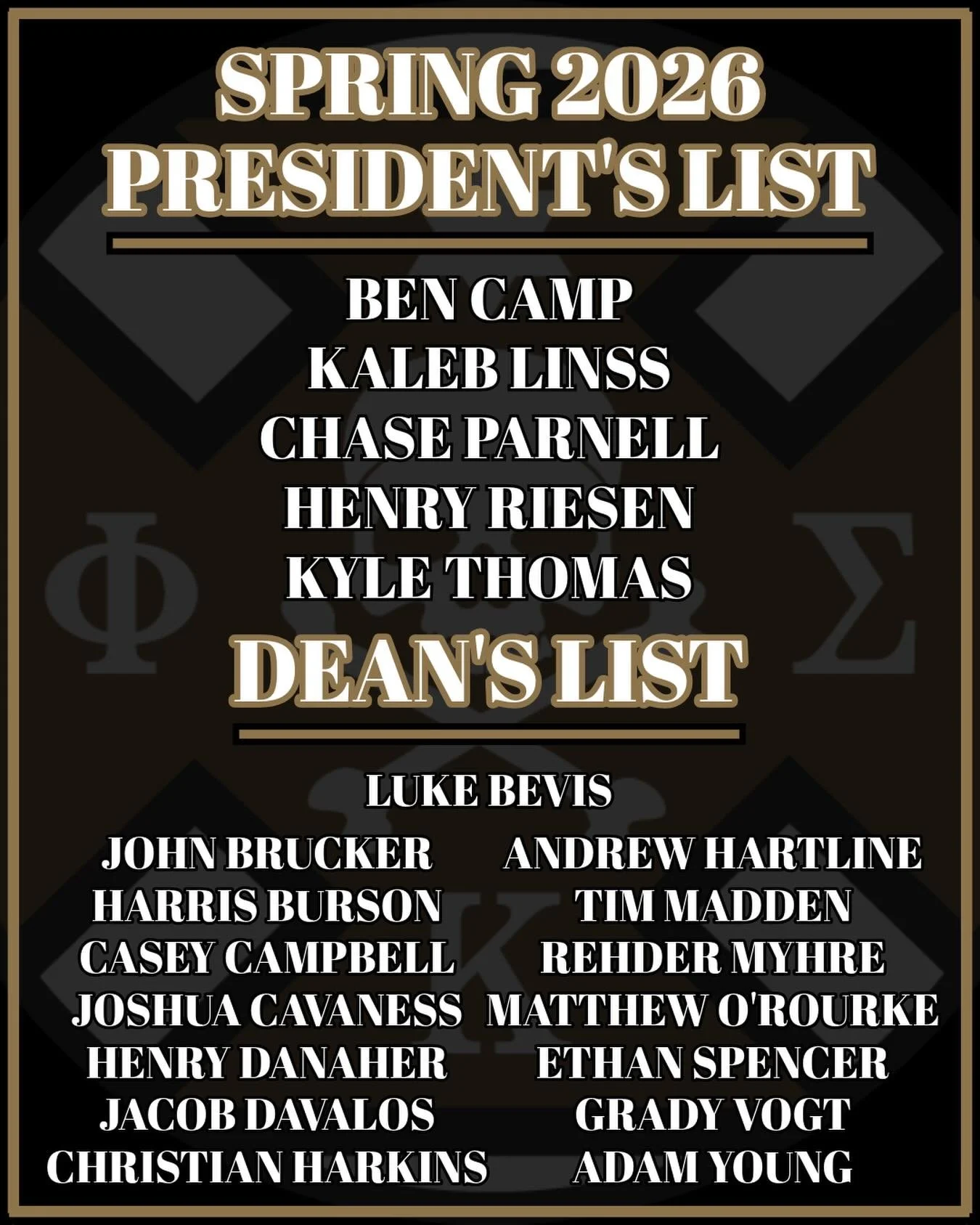As a fraternity, we would like to recognize all 20 of our brothers who were named to either the president&rsquo;s list (4.0 GPA) or the Dean&rsquo;s list (3.5 GPA) during the spring 26&rsquo; semester. These individuals serve as an example of academi