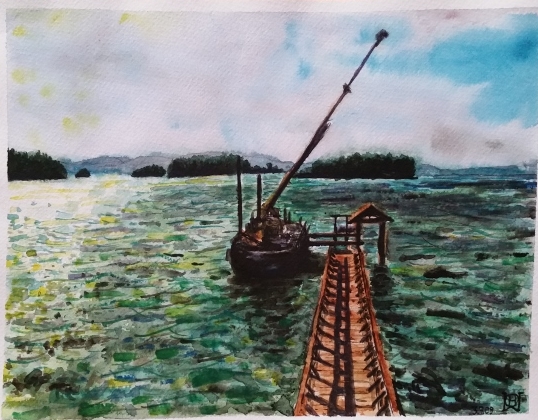 Dock Barge, watercolor on paper, 9" x 12"