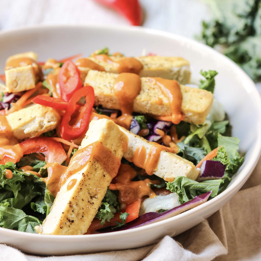 KALE AND TOFU SALAD WITH PEANUT BUTTER DRESSING