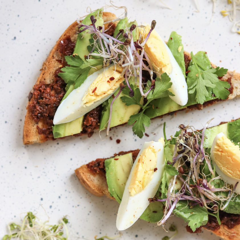 AVOCADO, TAPENADE AND EGG TOAST