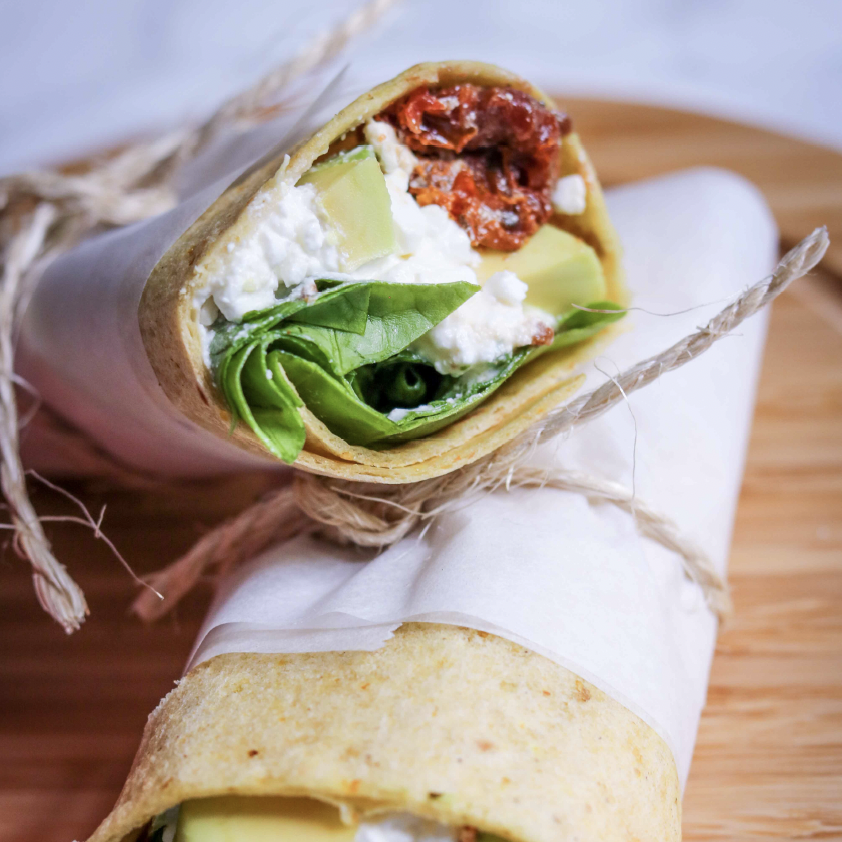 COTTAGE CHEESE, AVOCADO AND SUN-DRIED TOMATO BREAKFAST WRAP
