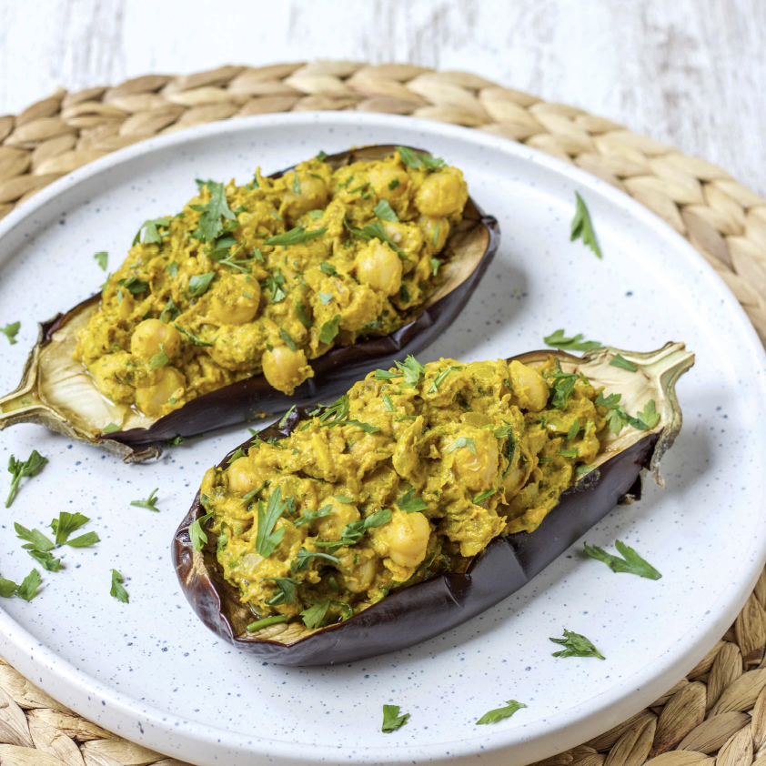 CHICKPEA AND TAHINI STUFFED AUBERGINE