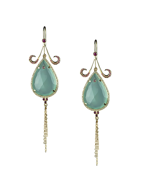  Chalcedony Tear Drops Encircled with Diamonds with Ruby and Gold Chain Detailing 