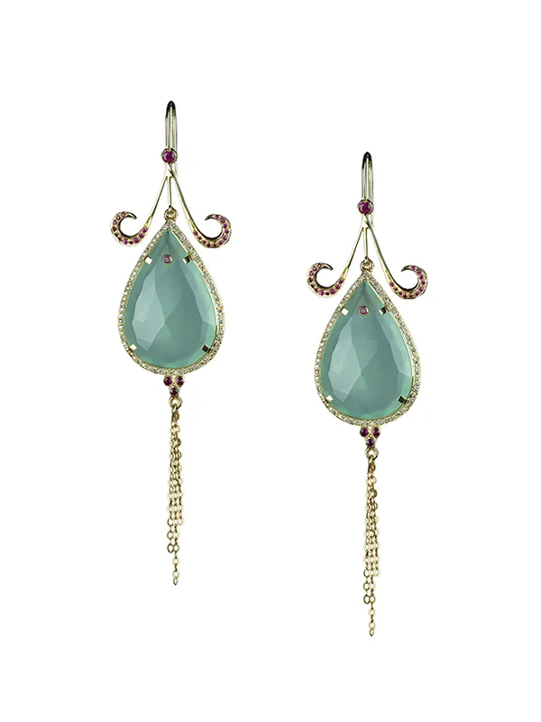 Chalcedony Tear Drops Encircled with Diamonds with Ruby and Gold Chain Detailing