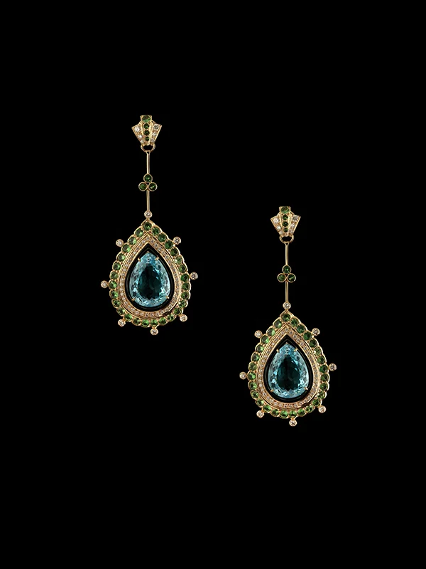 Blue Topaz, Green Tsavorite, Diamond and Enamel Tsarina Earrings