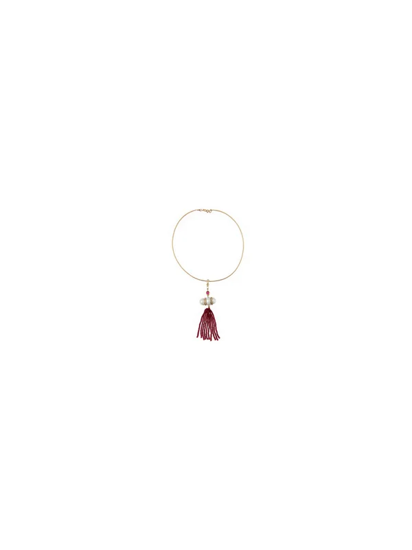 Baroque Pearl, Ruby and Diamond Pendant on a Gold Wire Hunsuli