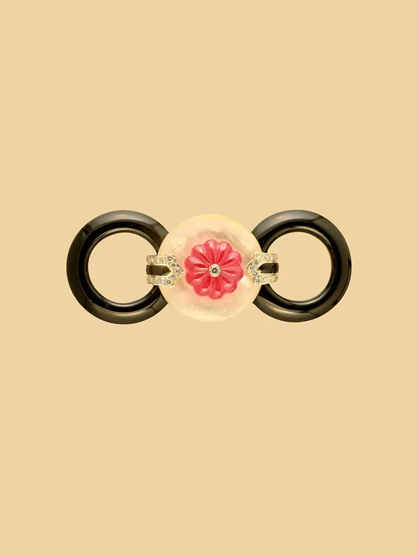 Carved Ruby, Mother of Pearl and Onyx Brooch