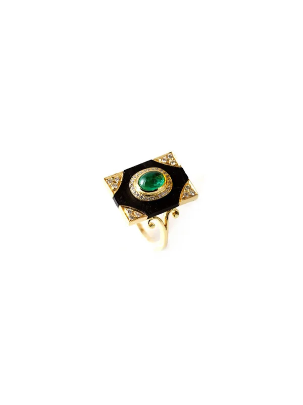 Black Onyx Base with Cabochon Emeralds and Diamond Detailing