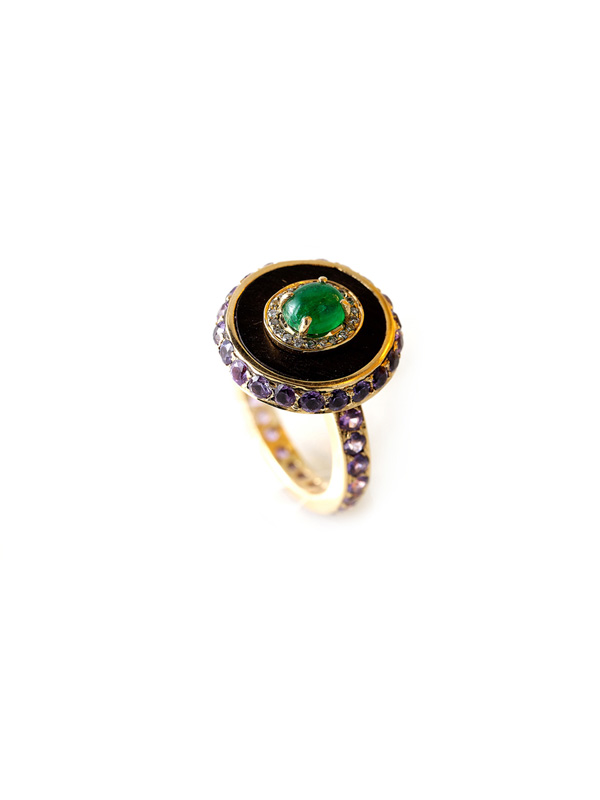  Lavender Sapphires, Cabochon Emerald and Diamond Circular Ring 