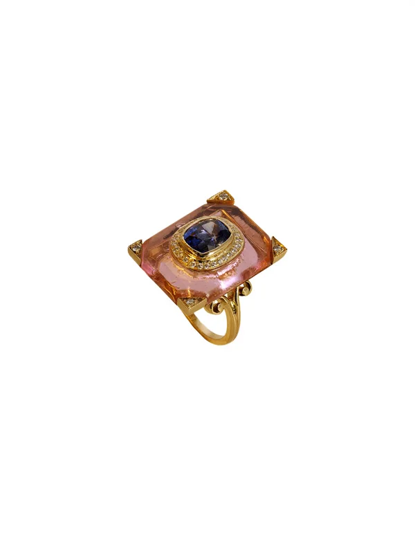 Pink Crystal with a Burmese Sapphire with Diamond Detailing