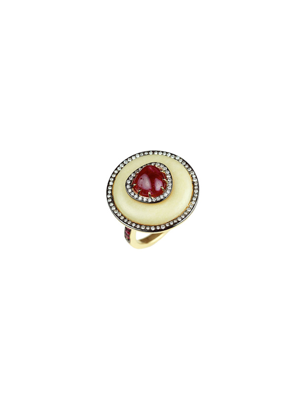  White Agate, Diamond and Ruby Ring 