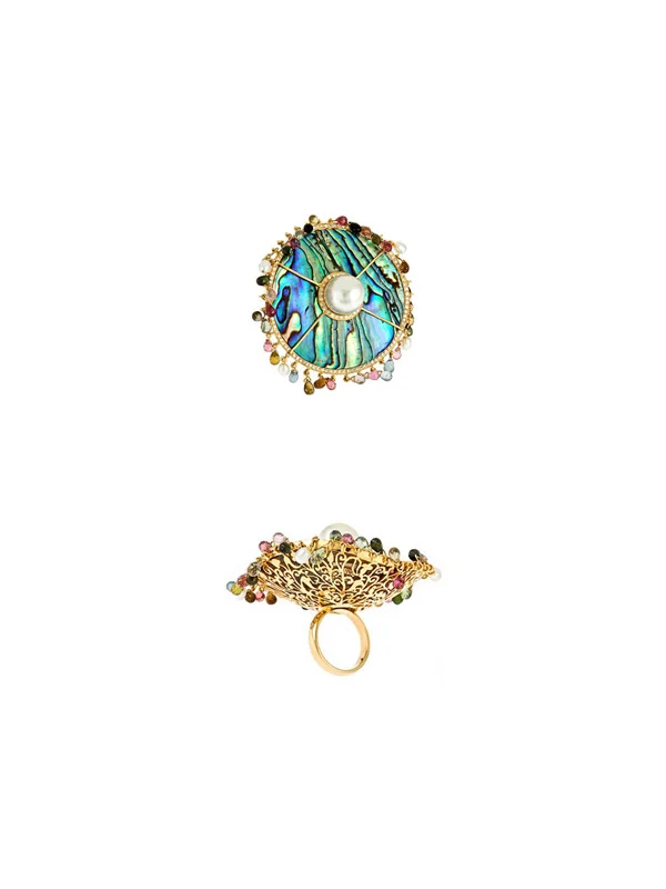 Abalone, Pearl, Diamond and Multi-Sapphire Pom Pom Ring
