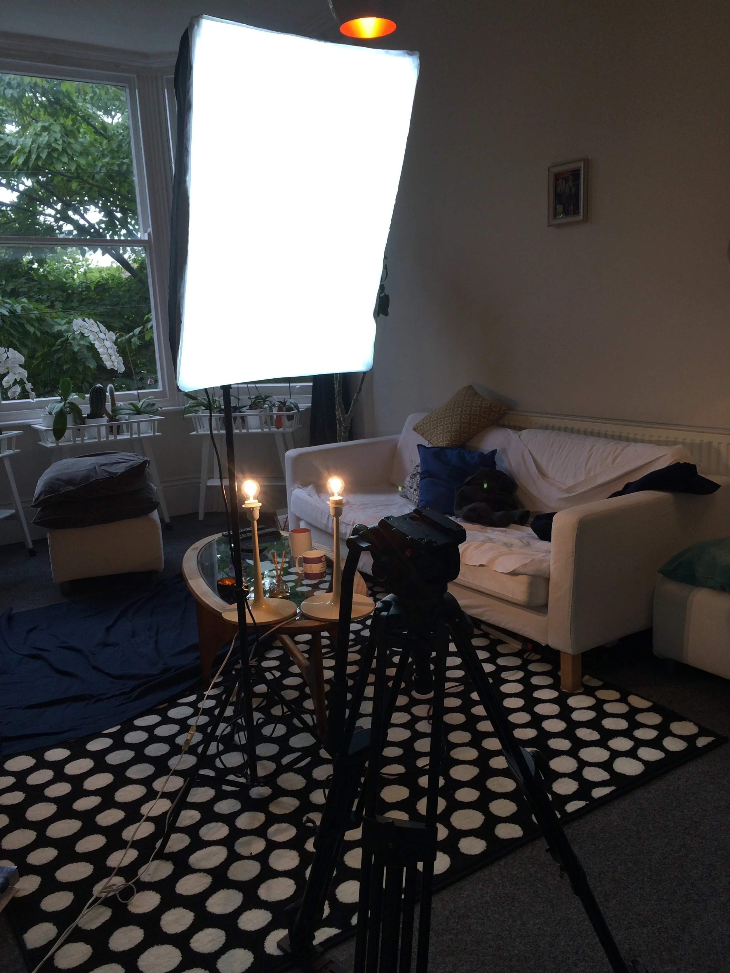 My up-turned living room. Note obligatory mugs of tea.