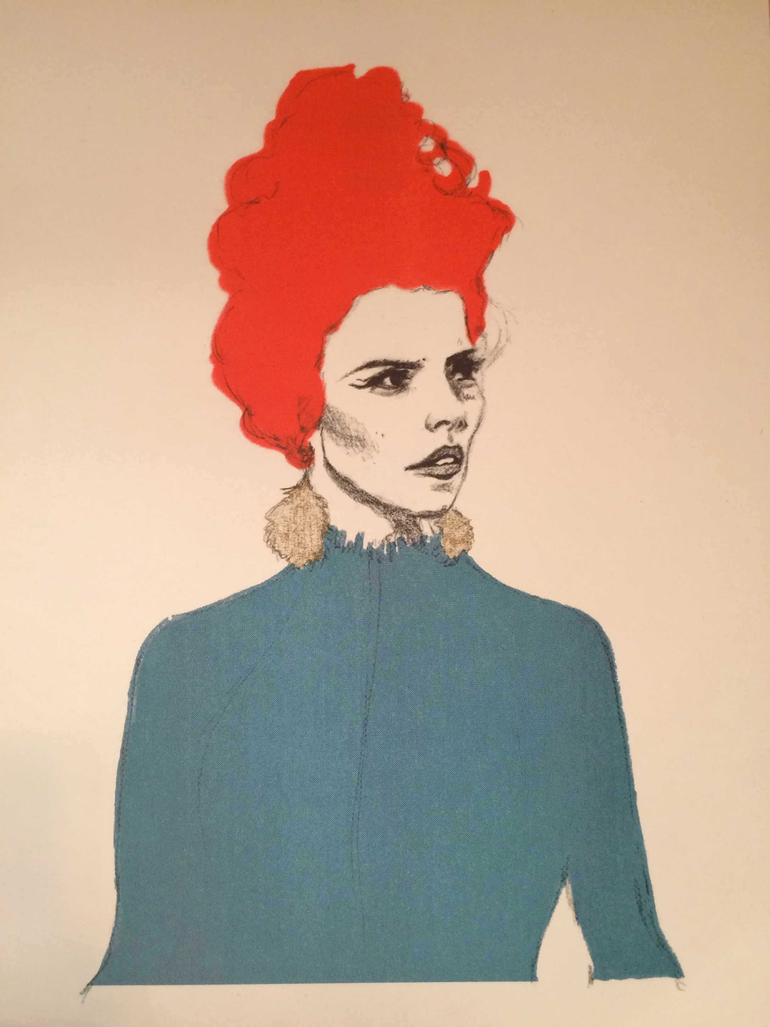 The red hive, the gold earrings the teal top.... classic Yuletide Paloma. Risograph print executed by the brilliant Dizzy Ink.