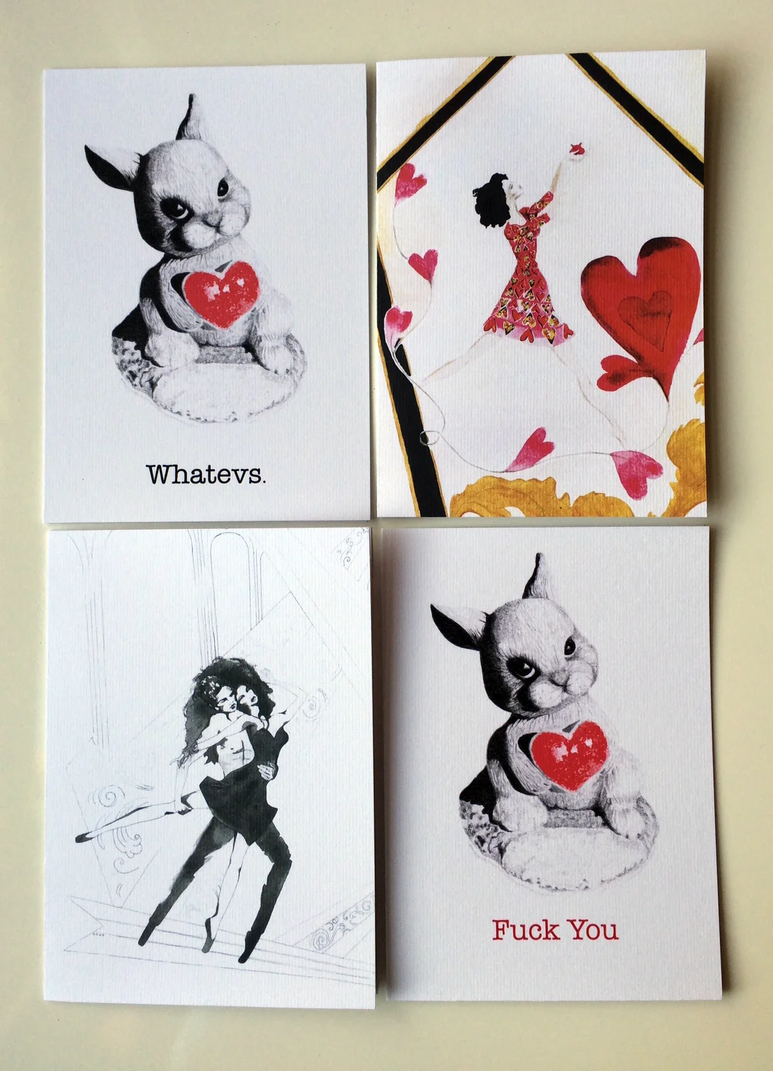 My cards are all £3.50 and printed onto high quality textured matt card, come with cellophane and an envelope and are blank inside for you to freely express yersen.