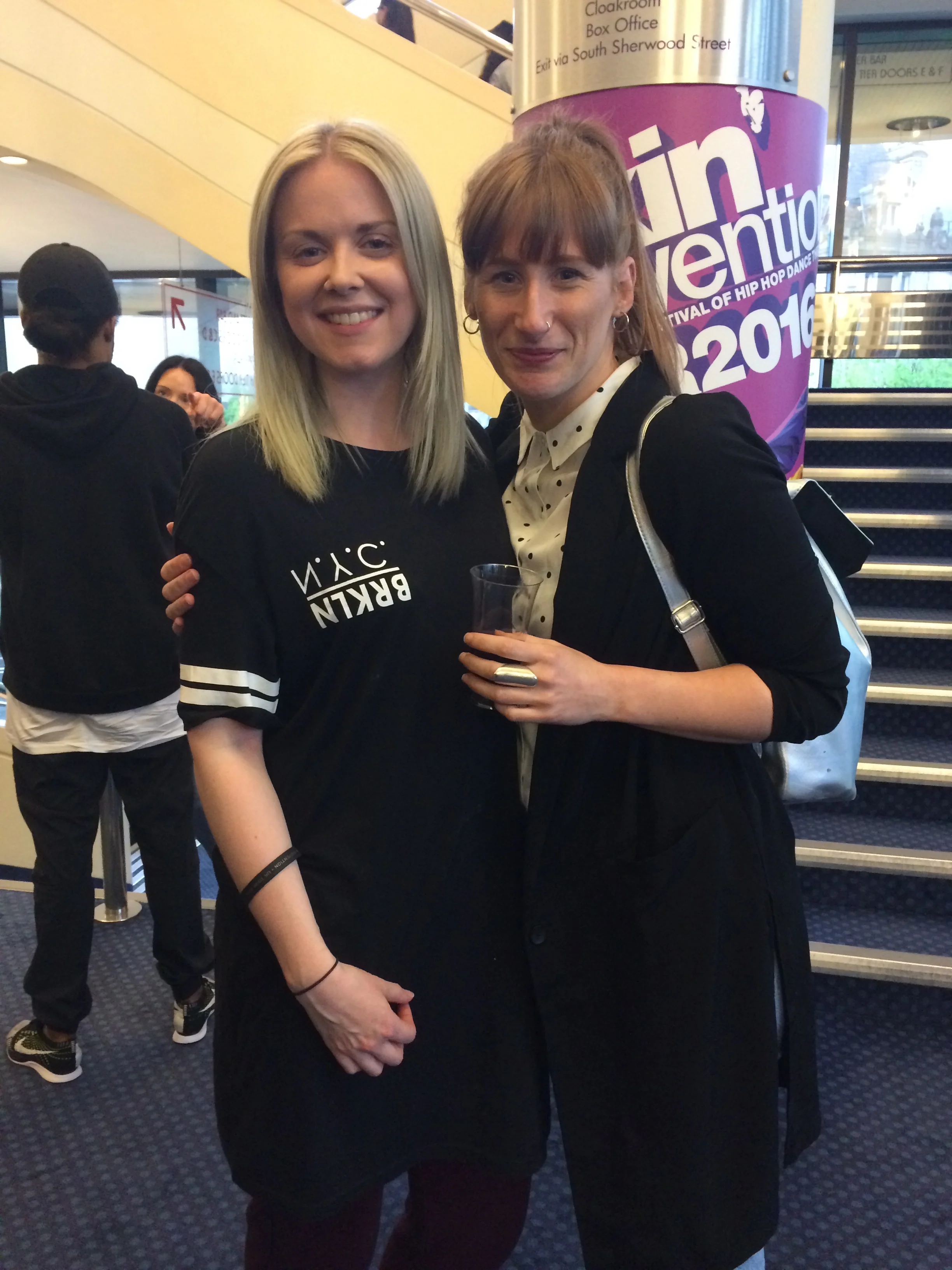 Performing artist Elle Nancy Church before her incredible performance at the Breakin' Convention with NuProjeks DanceUk and Laura Jane Savage of infamous and genius Next Door Dance troop have a pre-stage pep talk before Elle's performance.