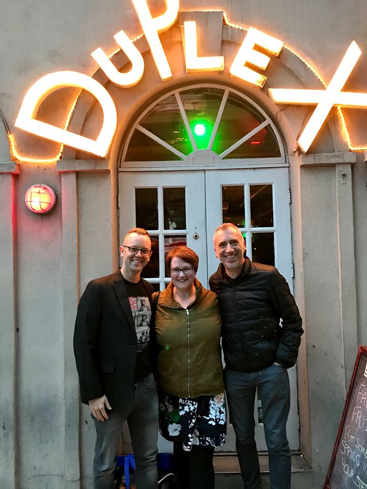 Writers Scott Schneider, Bizzy Coy and Tim Aumiller outside The Duplex Cabaret Theatre.