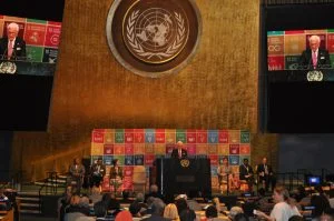 ICC Secretary General John Danilovich addresses participants at the Sustainable Development Goals Business Forum during the UN High Level Political Forum