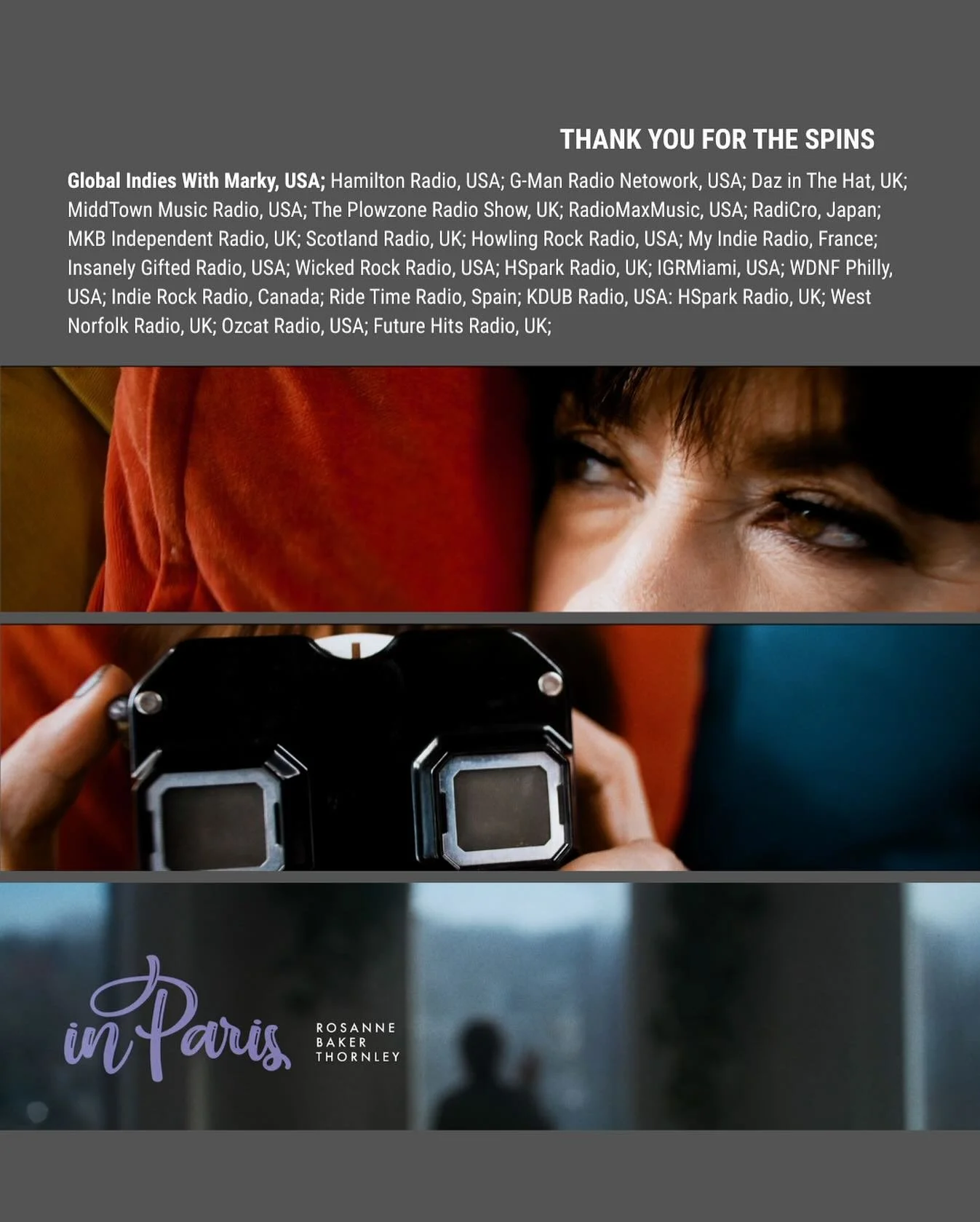 RBT &ldquo;In Paris&rdquo;

Thank you to Global Indies with Marky for showing  love and support for my music - something that will never be lost on me. And also to those stations and DJ&rsquo;s around the globe who are aligned as well.

Thought I&rsq