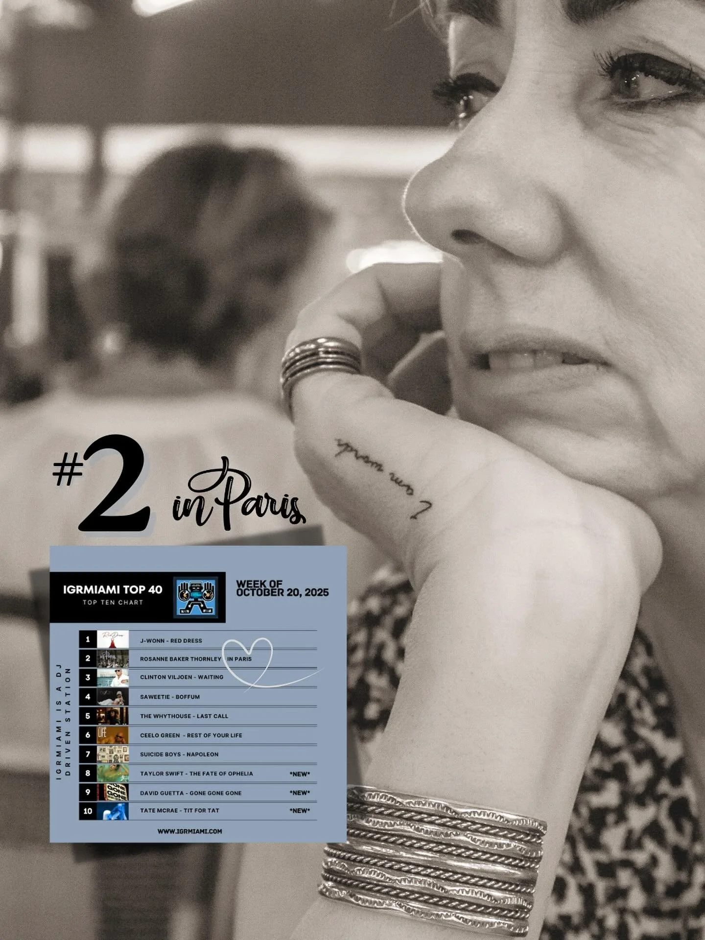 #2 “IN PARIS” 
IGRMiami - πΊπΈ TOP 40/TOP 10
Week of October 20th, 2025
“I find myself singing along as if these words were written from my soul as well. It’s beautiful to witness our daughters grow, and then reflect on the w