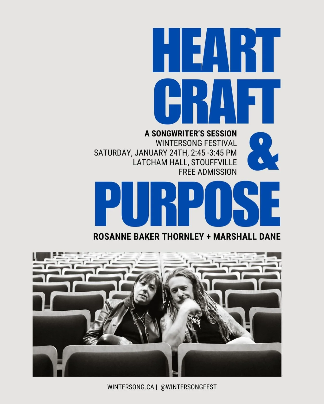 HEART CRAFT &amp; PURPOSE
A Songwriter&rsquo;s Session
RBT@+ Marshall Dane
WINTERSONG FESTIVAL
SATURDAY, JANUARY 24TH 2:45 - 3:45 PM
LATCHAM HALL, STOUFFVILLE

Marshall and I had a blast doing this songwriter session a few months ago - and we are ver