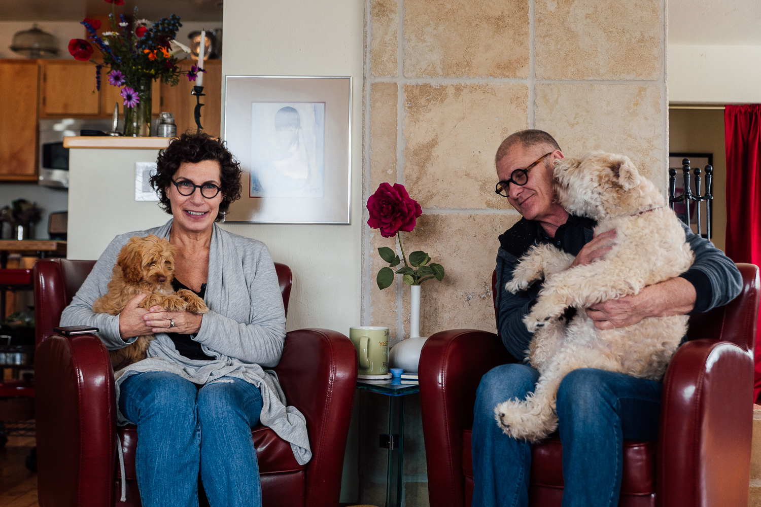 Mara, her husband Stewart and their dogs at home in Sonoma County.