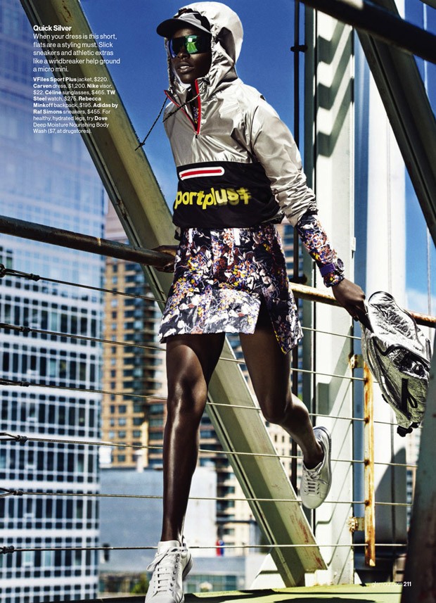 VFiles Sport Plus Jacket, $220, Carven Dress, $1,200, Celine sunglasses, $465, adidas by Raf Simons sneakers, $455.