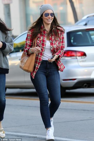 Jessica Biel stayed casual in skinnies and Adidas Stan Smith Sneakers.