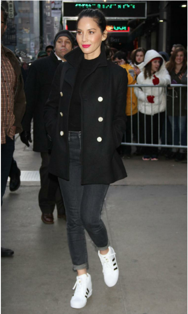 Olivia Munn hit NYC to promote her new movie, Ride Along 2, in adidas Superstar Up sneaks. Love her.