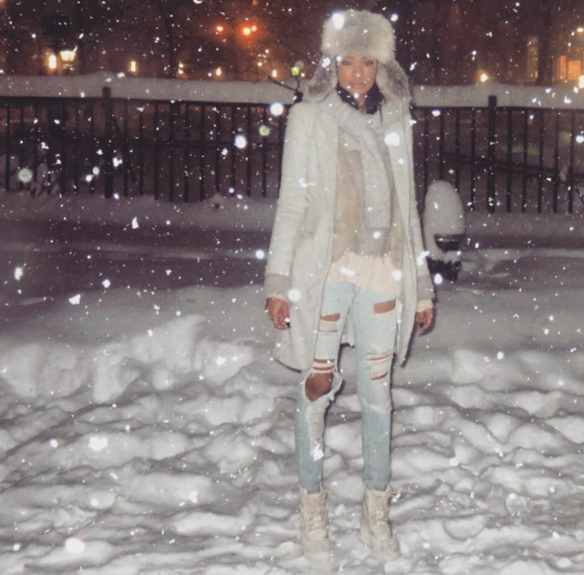 Chanel Iman didn't let #Snowzilla keep her from bringing Sneaker Style to those NYC streets in the Yeezy 950 Boot .