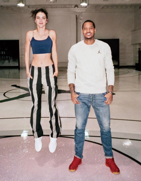 Kendall Jenner flew high with NBA star Carmelo Anthony in Alexander Wang x Jordan Brand sneaks for Vogue. Hops, Ms. Jenner.