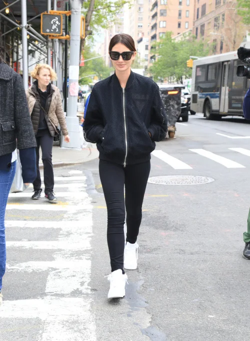 Lily Aldridge made her way through the Big Apple over the weekend in Nike Air Force 1 Ultra Flyknit Sneakers in White/White/Pure Platinum and a chic Alexander Wang Net and Shell Bomber Jacket.