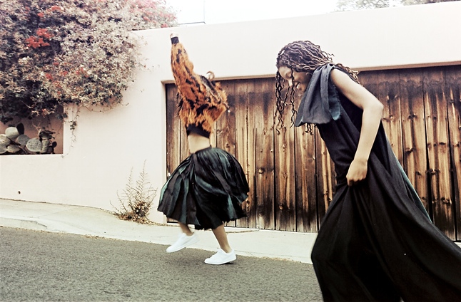 Halle wears Jonathan Cohen gown w/ Adidas Superstars. Chloe wears Acne sweater with Jonathan Cohen skirt and Puma sneakers.