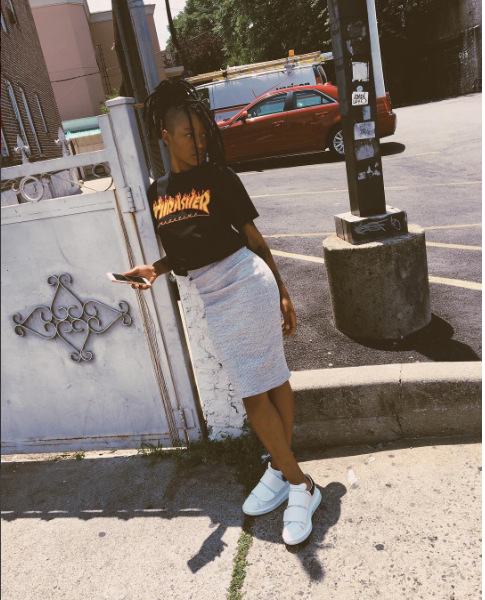 Keke Palmer posted up this week looking fab in McQueen Leather 'Pelle' sneaks , a Thrasher Mag cropped tee, and James Perse Ribbed Bodycon tube skirt .