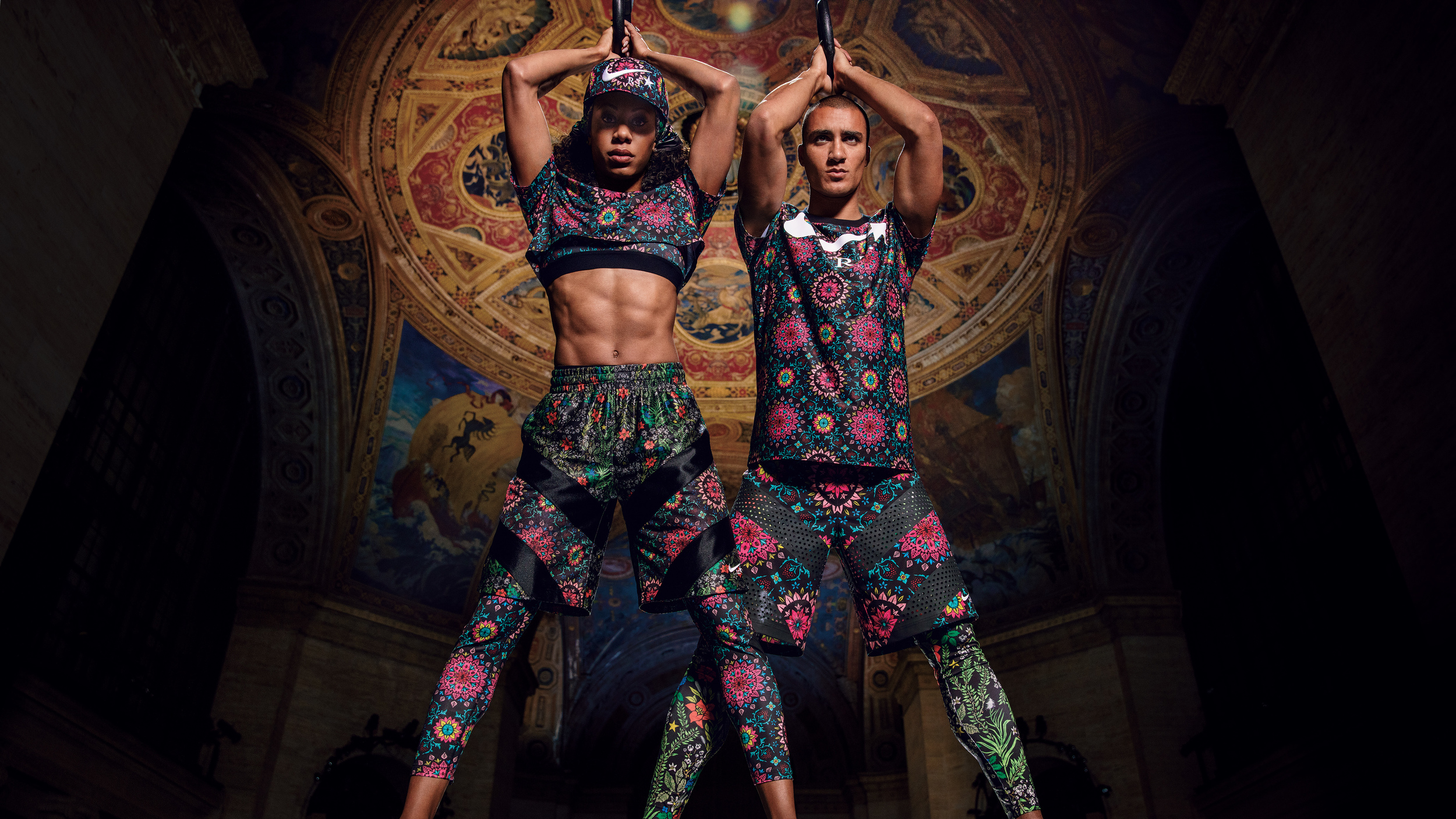 Sanya Richards-Ross: NikeLab Pro Floral Bra x RT, NikeLab Kaleidoscope Dri-FIT Shimmel x RT, NikeLab Floral Shorts x RT, NikeLab Kaleidoscope Pro Tight x RT; Ashton Eaton: NikeLab Kaleidoscope Dri-FIT Tee x RT, NikeLab Kaleidoscope Dri-FIT 2 in 1 Short x RT Image: NIKE