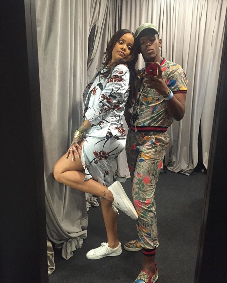 Rihanna has gone international on her world tour. This week she made a stop in Milan where she kept it cute with fans and showed off her Puma Basket Classics paired beautifully with floral separates from Danish brand, Ganni.