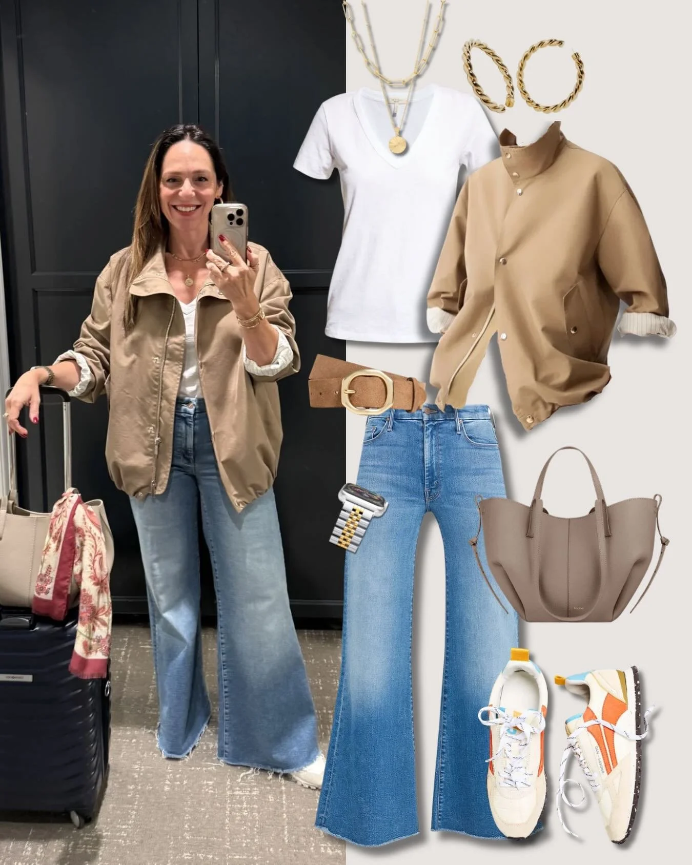 Ok, so this is not a great picture of me 😂 but I really loved this travel outfit and here&rsquo;s why:
- the jacket is a lightweight, water resistant nylon fabric and had tons of style, the back is really cool. I actually received several compliment