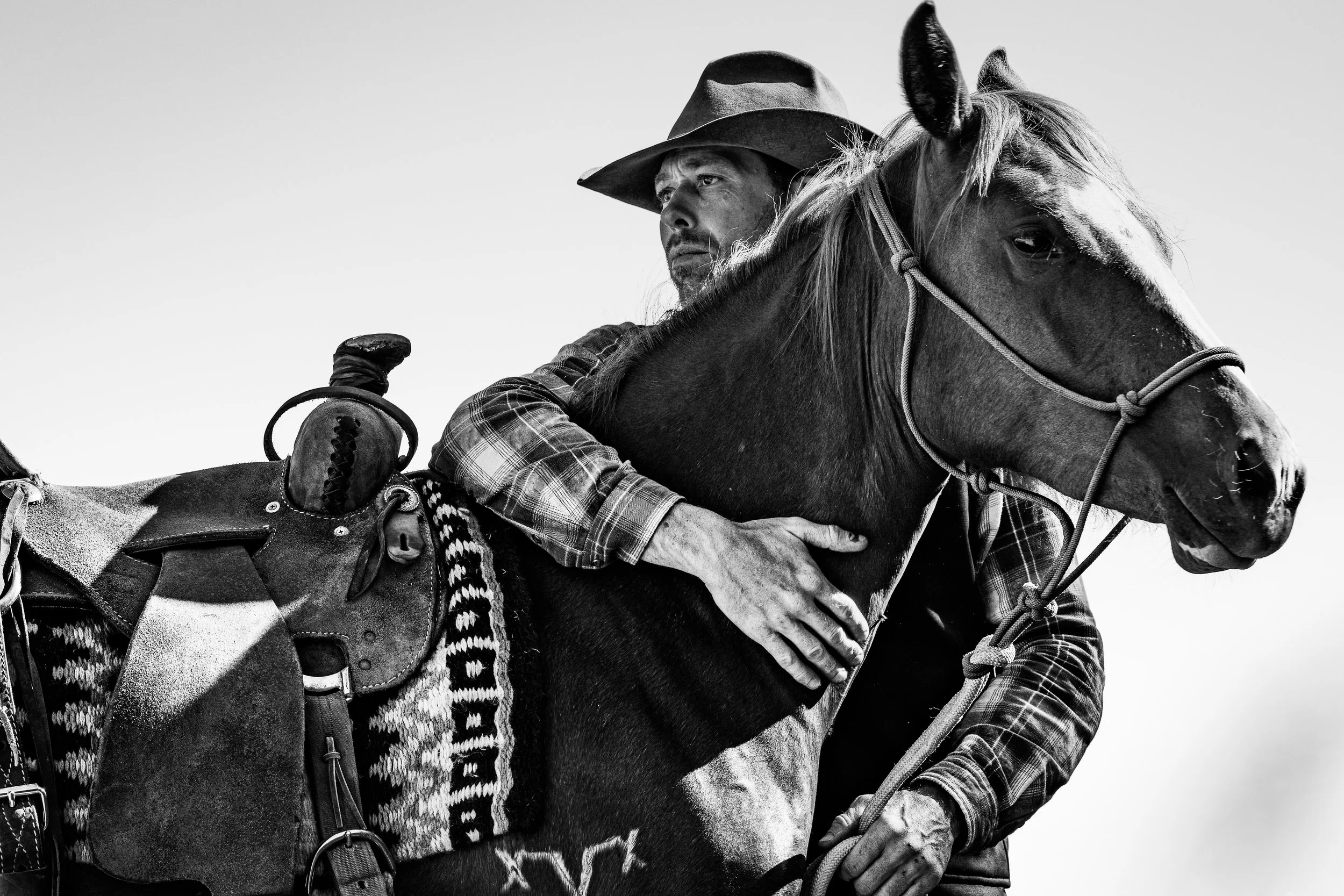 A man wearing a cowboy hat and plaid shirt holding a horse.