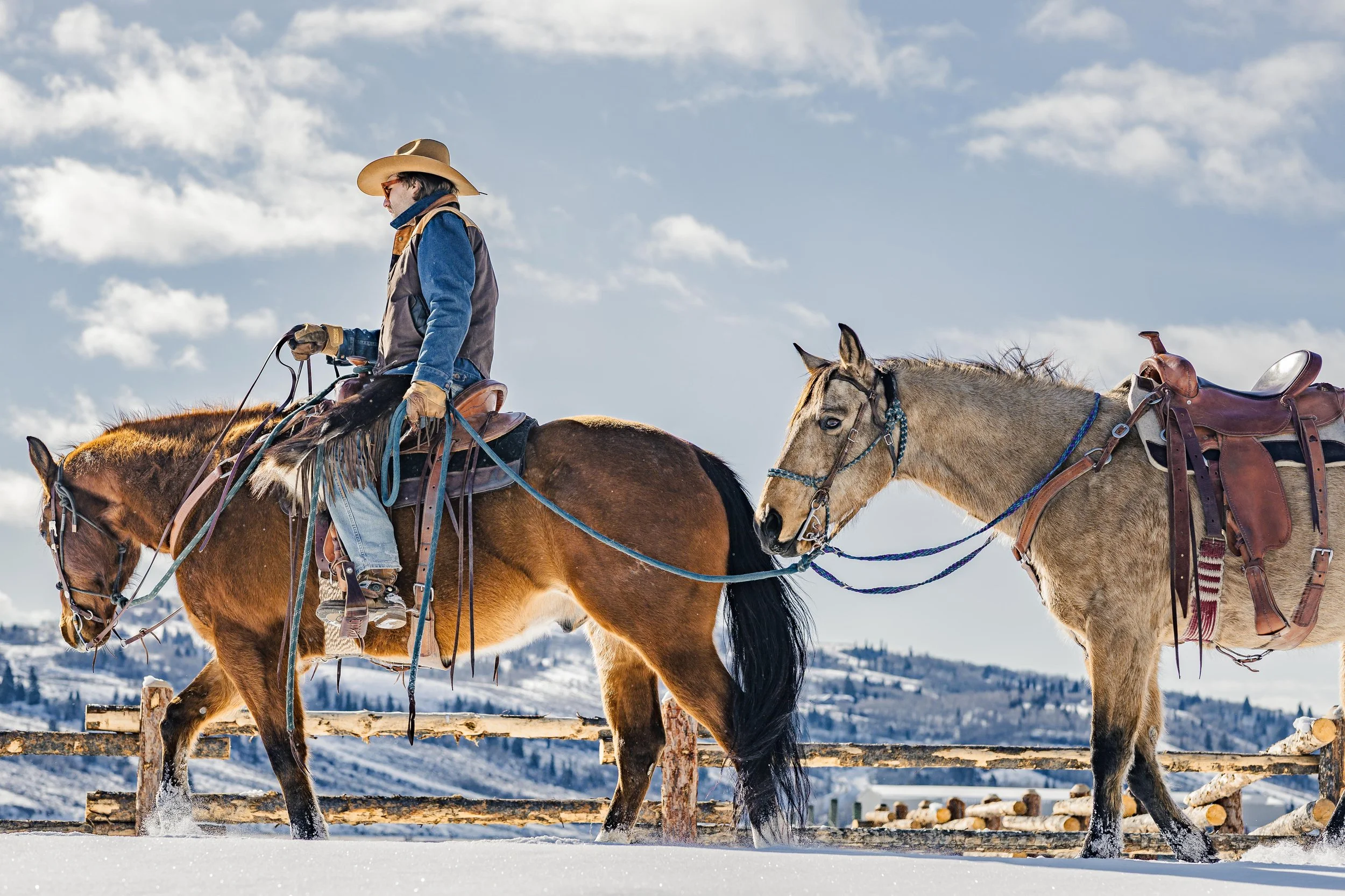 Man riding a brown horse while another light-colored horse stands nearby in snowy landscape with trees and mountains in the background.