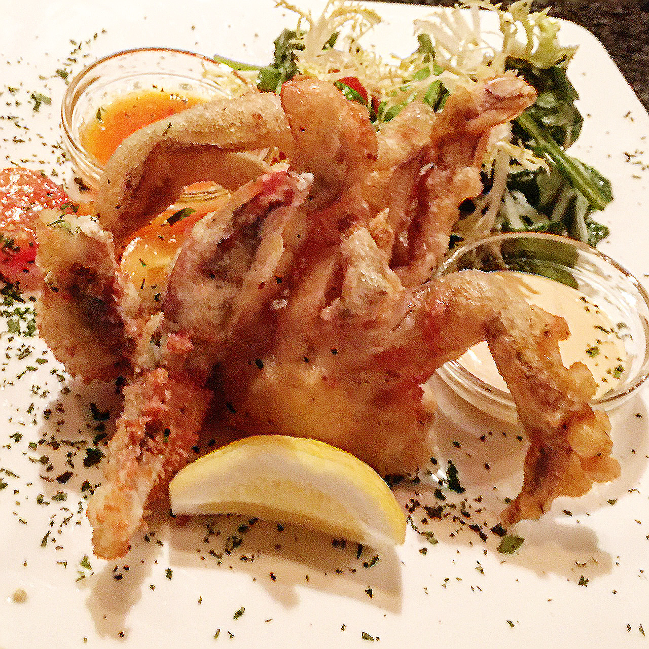 Soft Shell Crab - panko crusted / salad of watercress & grape tomatoes / sambal mayo / banana pepper sauce