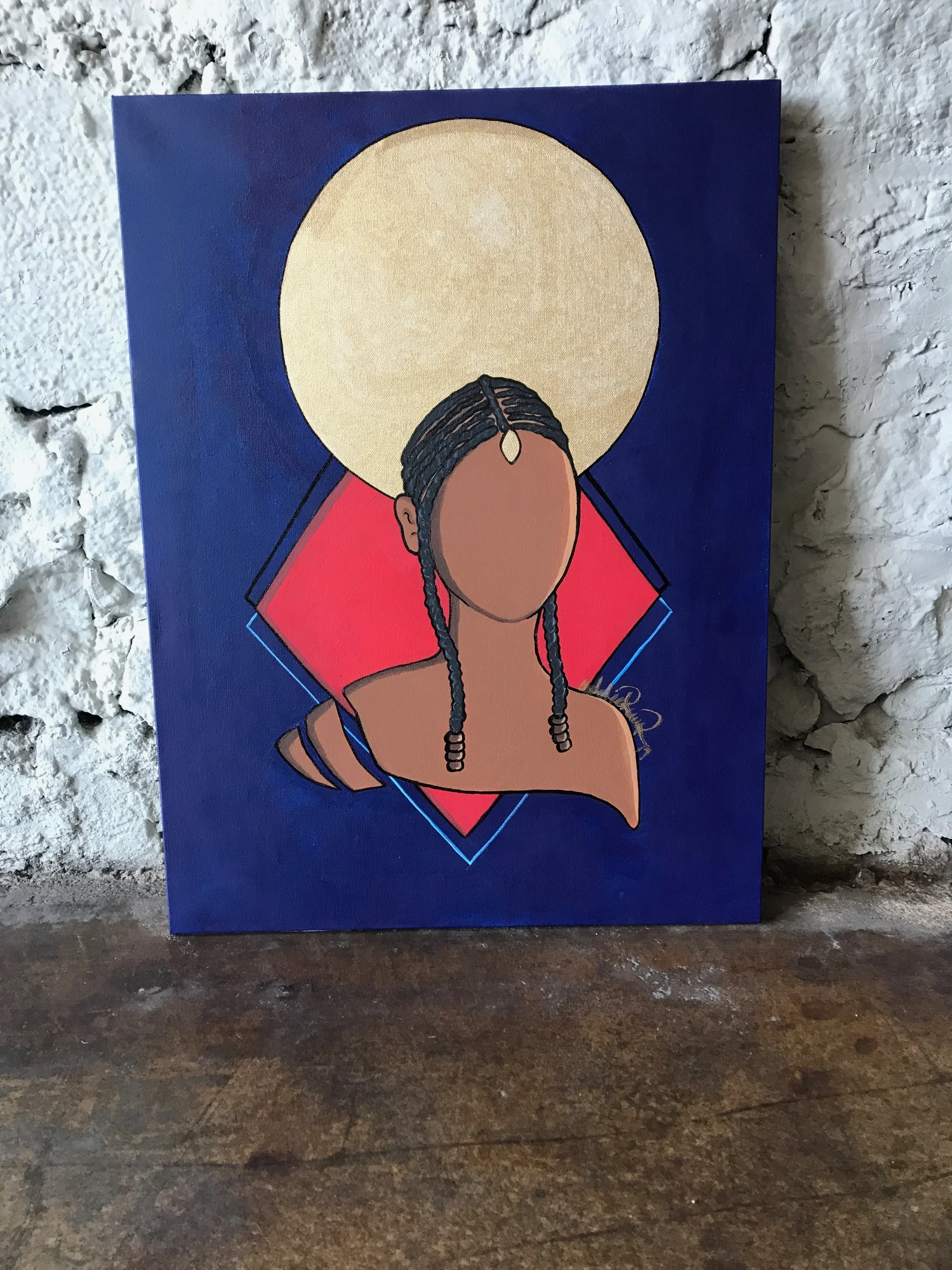 black woman with braids and gold circle and red square behind her